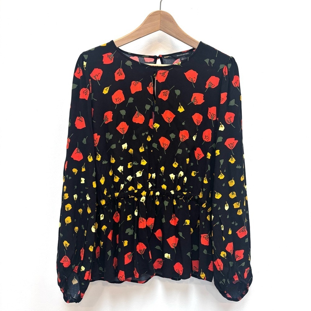 Banana Republic Dark Floral Keyhole Peplum Top Boho Rose Petal Black Red Size XL - Picture 2 of 9